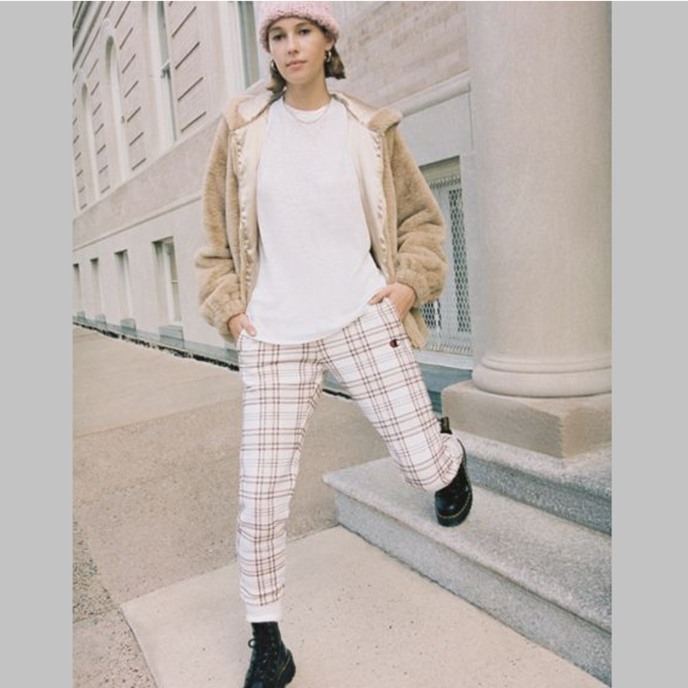Champion x Urban Outfitters | Reverse Weave Cream & Plaid Jogger Pants